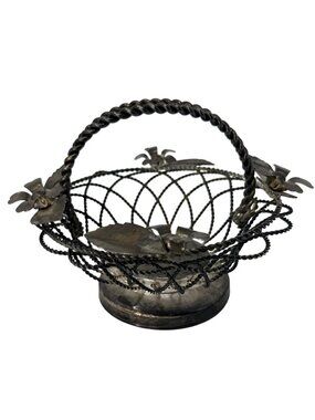 Vintage Silverplate Floral Wire Basket Pedestal Handle 6.5”